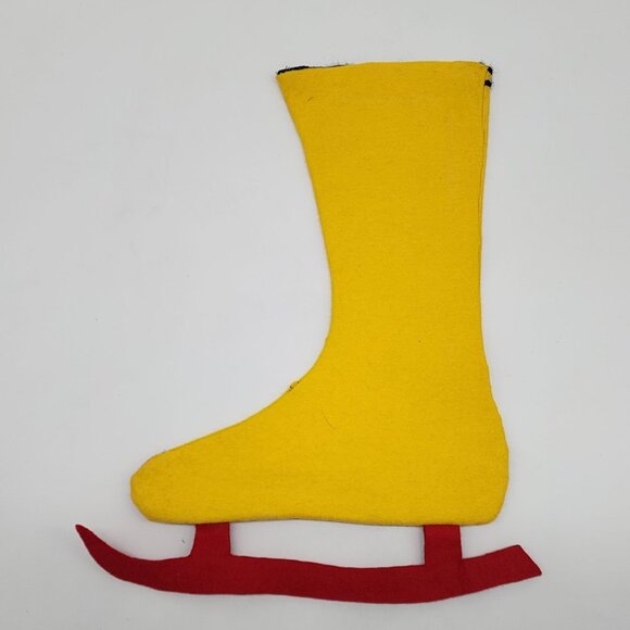Vintage Handmade Yellow Felt Ice Skate Stocking Red Heart Design Red Applique - Picture 5 of 5